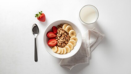 Overhead view of a healthy breakfast bowl with fruit and nuts