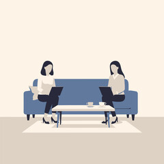 Two women working on laptops while sitting on a blue sofa.