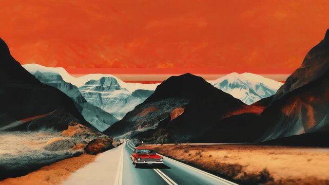 Surreal video concept with a low-angle view of a vintage car on a road, set against dramatic, vibrant orange and black mountain landscape. Live desktop wallpaper.
