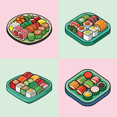 A vibrant and appetizing collection of various sushi dishes, presented in a visually appealing arrangement, showcasing the diverse and delicious world of japanese cuisine