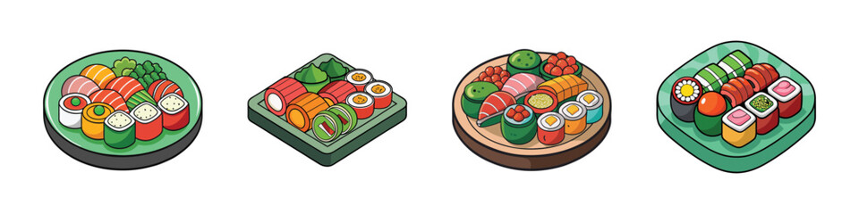 A collection of four different sushi platters, each featuring a variety of colorful sushi rolls and nigiri, presented on green plates and arranged in distinct patterns