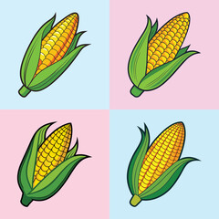 Four cartoonstyle illustrations of corn on the cob, each with green husks and yellow kernels, arranged in a 2x2 grid on a pastel blue and pink background