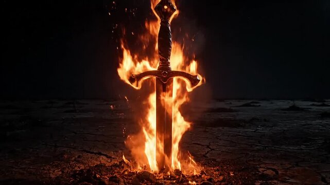 Mystical sword engulfed in flames, radiating intense heat and power in the darkness.