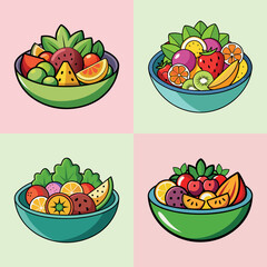 Four colorful bowls of fresh fruit salad, each containing a variety of fruits like strawberries, blueberries, kiwi, oranges, and watermelon, presented in a grid layout on a pastel background