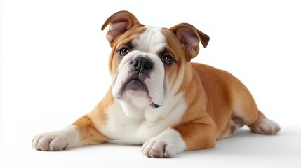 Obraz premium Bulldog puppy laying down on a white surface in a calm and relaxed pose