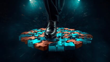 A person stands on a circular platform made of glowing puzzle pieces