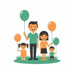 Happy cartoon family with balloons celebrating a special occasion outdoors.