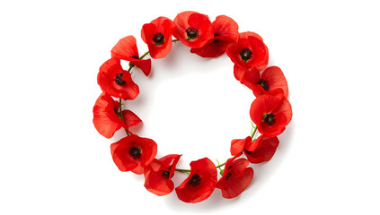 Obraz premium Delicate wreath of vibrant red poppies with intricate floral details isolated on white background, elegant 3d design symbolizing remembrance, beauty, and spring botanical art in minimal style