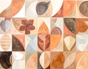 Abstract Watercolor Collage of Botanical Elements in Earth Tones.