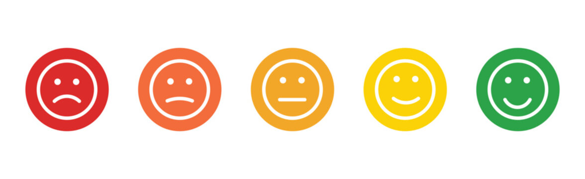 Customer feedback emoji icon on circle background. Five facial level review concept