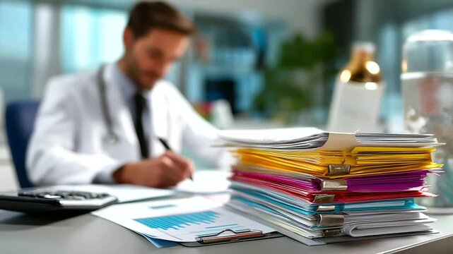 Defocused medical administrator with sharp focused stack of patient files and handwritten charts on desk, with copy space