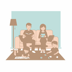 Family Time - Parents Reading and Children Playing Together at Home.