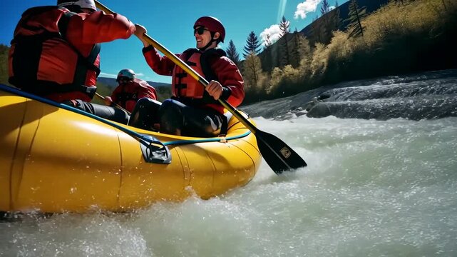 Dynamic video scene of a rafting adventure, captured from a low-angle, showcasing excitement and teamwork in a vibrant, natural setting.