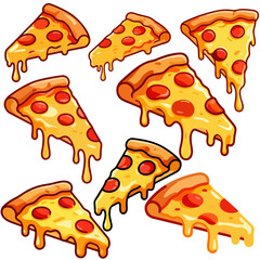 Vector illustration of a melted pizza slice in black and white flat design style. The artwork features dripping cheese, simple clean lines, and bold contrast, creating a modern and minimalistic look. 