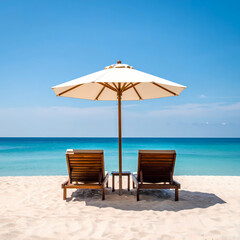 Beach chairs under umbrella with ocean view on sunny day and clear skies