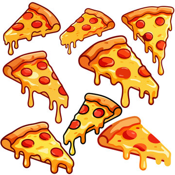 Vector illustration of a melted pizza slice in black and white flat design style. The artwork features dripping cheese, simple clean lines, and bold contrast, creating a modern and minimalistic look. 