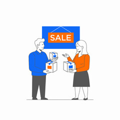Man and woman holding boxes in front of sale sign.