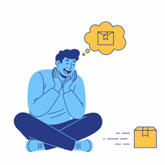 Man eagerly anticipating package delivery, online shopping concept.