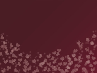 ワインレッドのハートが舞うバレンタインカード用背景ー深紅のグラデーションに小さなハートのボケがきらめく、上品で文字入れしやすい余白付きデザイン。ギフトカードや招待状、ポスター、SNSヘッダーなど幅広く使える。