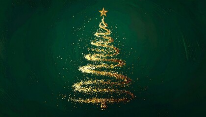 Stylized Christmas tree made of golden glitter swirls with star topper on dark green background for editorial holiday photography festive design and poetic elegance-themed visuals