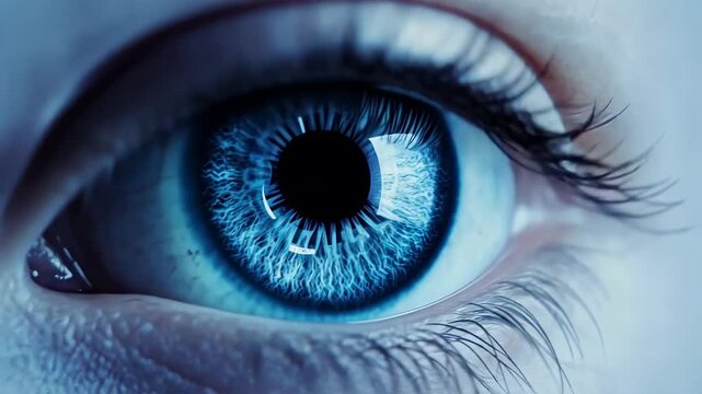 Close-up of a blue eye with digital elements, suggesting a futuristic video concept. The angle is direct, emphasizing the eye's intricate details.