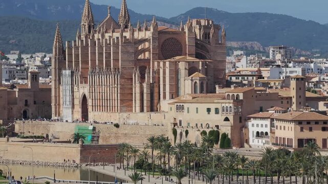 Aerial View of Palma de Mallorca Cathedral (La Seu) and Old Town on the Mediterranean Coast