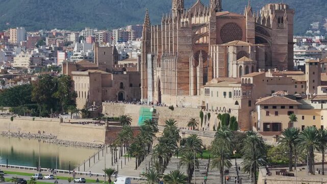 Aerial View of Palma de Mallorca Cathedral (La Seu) and Old Town on the Mediterranean Coast