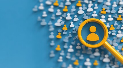 Magnifying glass highlights individual among many icons representing people on blue background