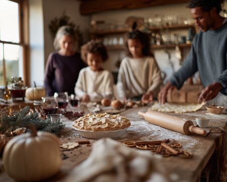 A warm, cozy family baking scene featuring multiple generations gathered around a wooden kitchen table.