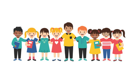 Fototapeta premium Diverse group of smiling cartoon children holding hands and books in solidarity.