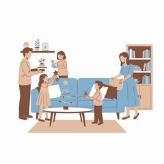 Family decorating living room together, creating a cozy and personalized home environment.