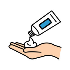 Cream being squeezed from the tube onto an open hand against white background