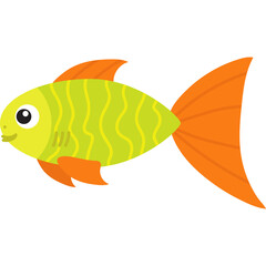 A Whimsical Yellow Green Fish With Orange Fins and Tail Exhibits A Playful Expression Against A Transparent Background