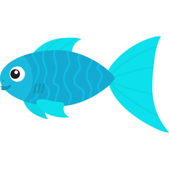 A Vivid Blue Cartoon Fish With Wavy Stripes On Its Body And Large Fins In Profile Facing Left With A White Eye And Happy Expression Isolated On A Transparent Background