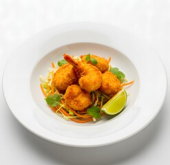 Fototapeta premium Shrimp nuggets and salad served on a white plate with a white background. AI-generated.