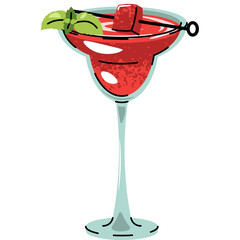 A stylized red cocktail in a stemmed glass garnished with a basil leaf and a strawberry cube perfect for summer celebrations and retro themes