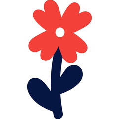 A Stylized Red Flower with a White Center and Dark Blue Stem and Leaves on a Transparent Background