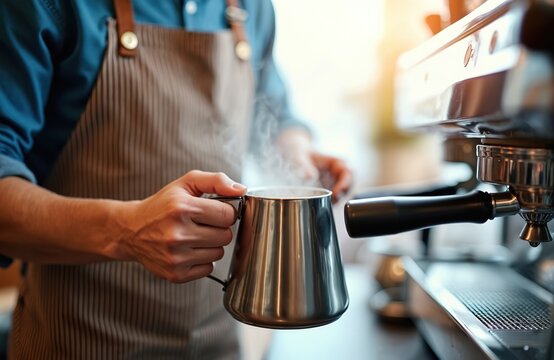 Barista in apron prepares coffee with pro machine. Man holds metal pitcher frothing milk with steam. Morning beverage preparation for making latte cappuccino in cafe. Closeup of hands at work in