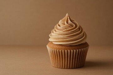 Delicious cupcake with creamy frosting in warm tones on brown background, showcasing dessert food concept in minimal and elegant composition. Ai generative