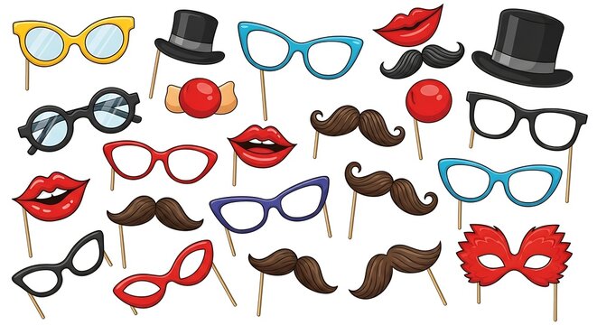 Collection of cartoon photo booth props including glasses lips mustaches hats party