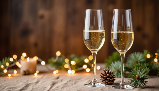 Two champagne glasses filled with sparkling wine for Christmas celebration  