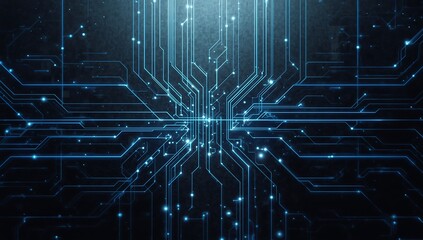 Abstract digital network of glowing blue lines and circuits on a dark background