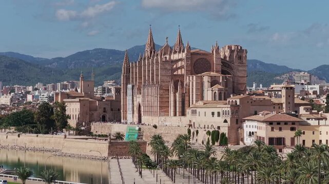 Aerial View of Palma de Mallorca Cathedral (La Seu) and Old Town on the Mediterranean Coast