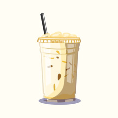 Iced brown milk tea drink with ice cubes and straw in a creamy cup.