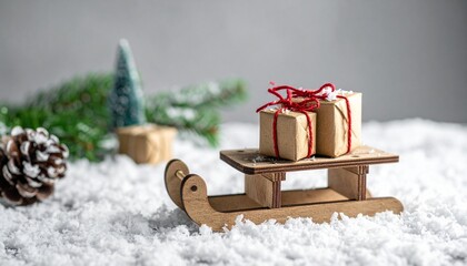 Wooden sled with brown-paper gift boxes on artificial snow, surrounded by pine cone, evergreen tree, and stump for editorial holiday photography rustic decor and poetic winter-themed visuals