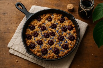 Cherry crumble dessert in cast iron skillet with edible blue flowers on rustic wooden table and beige napkin, cozy and homemade food concept. Ai generative