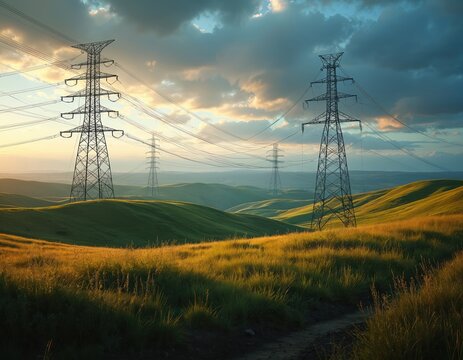 Towering electricity pylons march across rolling green hills under a dramatic cloudy sky. High voltage power lines stretch towards the horizon, carrying energy across the rural landscape.
