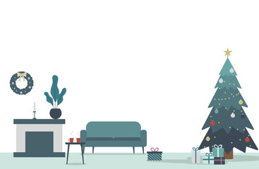 クリスマスの部屋の背景イラスト｜ツリーと暖炉の北欧風インテリア
