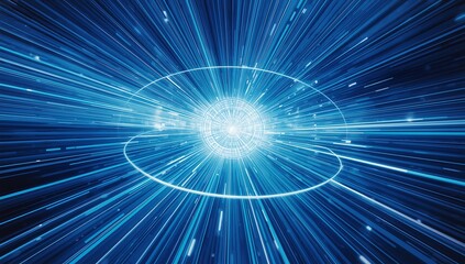 Abstract blue light tunnel with glowing energy core and digital lines