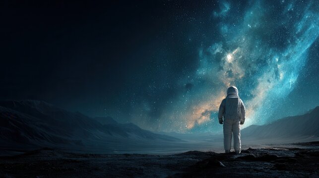 astronaut standing on alien planet, glowing cosmic sky background